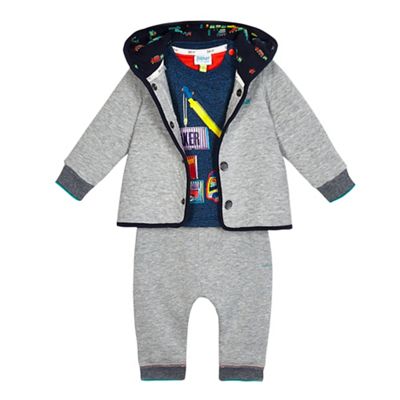 Baby boys' navy vehicle applique top, grey jacket and jogging bottoms set